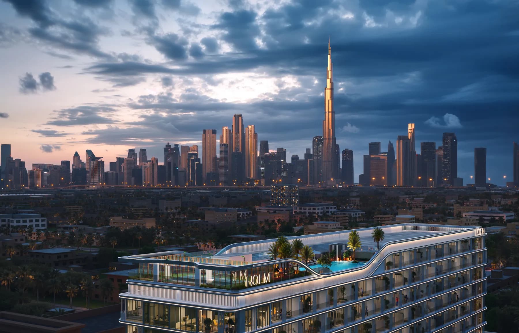 Linea by HOLM — the rooftop at dusk with the Downtown Dubai skyline behind
