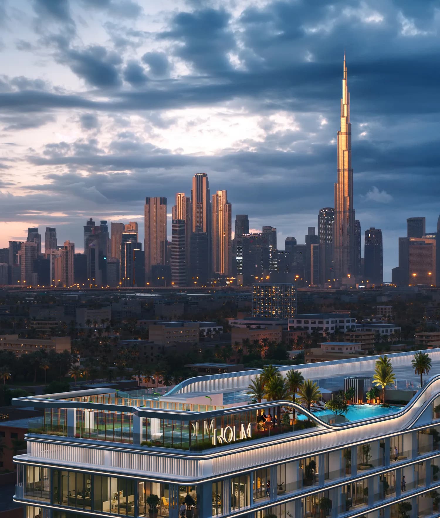 Linea by HOLM from above, with the Downtown Dubai skyline behind